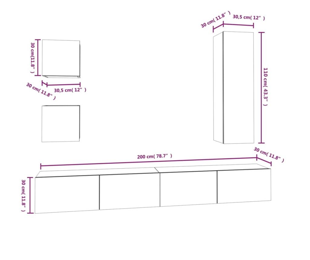 TV omarica set, 5 kosov, betonsko siva, konstruiran les - 10
