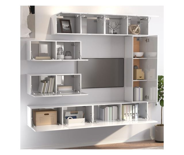 Set TV omare, 7 delov, bel visok sijaj, obdelano les.