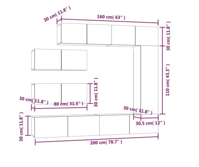 TV omarica set, 7 kosov, betonsko siva, konstruiran les