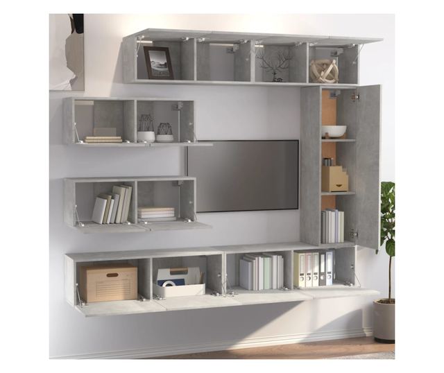 TV omarica set, 7 kosov, betonsko siva, konstruiran les