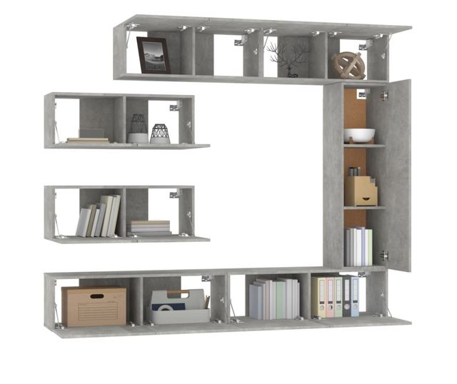 TV omarica set, 7 kosov, betonsko siva, konstruiran les