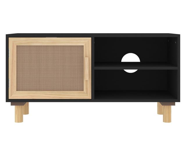 Comodă TV, negru, 80x30x40 cm, lemn masiv pin și ratan natural