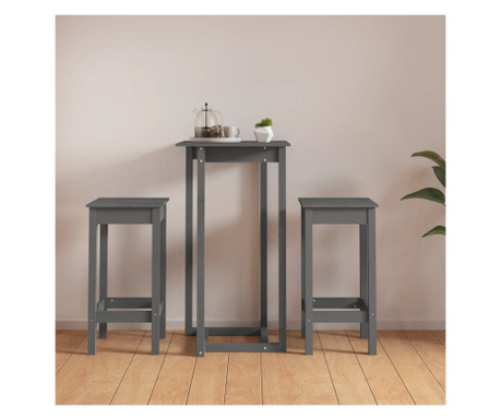 Set mobilier de bar, 3 piese, gri, lemn masiv de pin