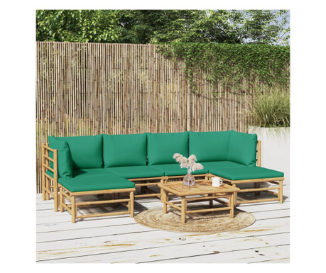 Комплект градински мебели със зелени възглавници, 7 броя, бамбук