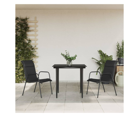 Комплект градински мебели, 3 броя, черен, текстил и стомана