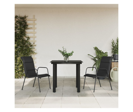 Комплект градински мебели, 3 броя, черен, текстил и стомана
