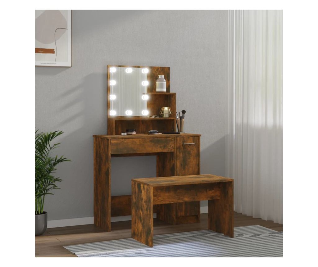 Fstszn tlgy sminkasztal kszlet LED-del, feldolgozott fa - 7