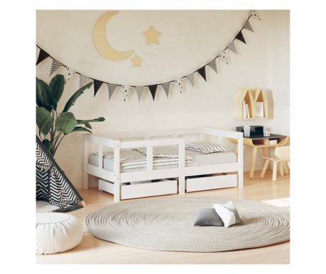Cadru de pat copii cu sertare, alb, 70x140 cm, lemn masiv pin