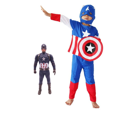 Капитан Америка костюм за деца IdeallStore®, Първи отмъстител, полиестер, 7-9 години, синьо, фигура включени