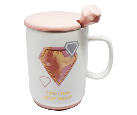 Cana cu capac din ceramica si lingurita Pufo Find Love pentru cafea sau ceai, 350 ml