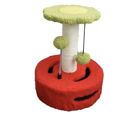Ansamblu de joaca Pufo Flower pentru pisici, cu stalp pentru zgariat si minge, 33 cm, rosu/verde