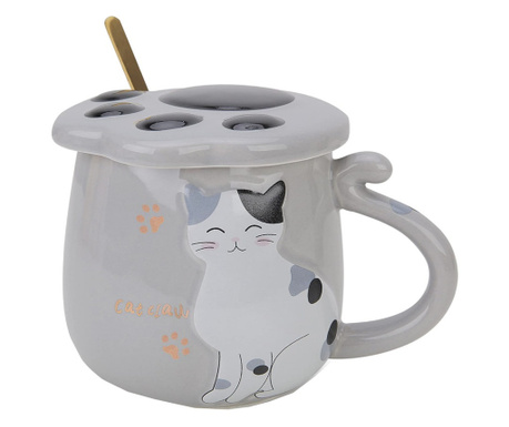 Cana cu capac din ceramica si lingurita Pufo Sweet Kitty pentru cafea sau ceai, 300 ml, gri