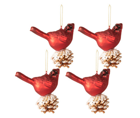 Komplet 4 rdečih steklenih krogel s ptičjim stožcem 11x6x11 cm