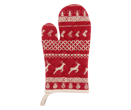 Komplet 2 toplotno odpornih bombažnih rokavic Reindeer rdeče bež 16x30 cm