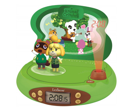 Детски 3D часовник с проектор Lexibook Nintendo Animal Crossing RP500AC, Аларма, 4 ефекта, Зелен/кафяв