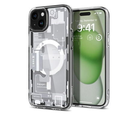 Apple iPhone 15 Plus, Műanyag hátlap védőtok + szilikon keret, Magsafe töltővel kompatibilis, iPhone belső minta, Spigen Ultra H