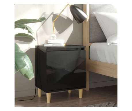 Comodă TV, picioare lemn masiv, negru extralucios, 40x30x50 cm