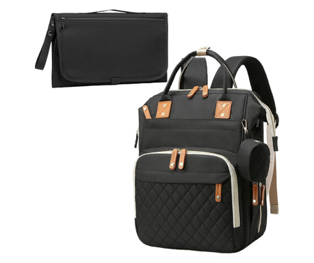 Комплект чанта/раница и Преносим матрак за пелена, Quasar & Co.®, с USB порт и 14 отделения, текстил, 40 х 30 х 14 см, черен