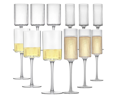 Комплект чаши вино и шампанско Quasar & Co., оребрен модел, 6х350мл/6х180мл, Стъкло, Прозрачен, 12 бр