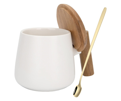 Комплект чаша за кафе/чай и чаена лъжичка, Quasar & Co.®,  с капак и бамбукова дръжка, чаена лъжичка, керамика, 350 мл, бял