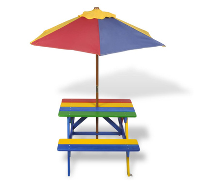 színes fa gyerek piknikasztal paddal és napernyővel