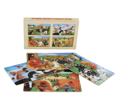 Set 4 puzzle Animale de la ferma Pasari, in cutie, din lemn, 48 piese