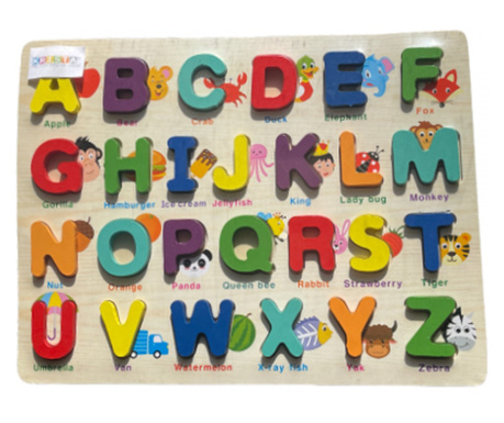 Puzzle Incastru Montessori Cu Litere Mari 3D si Cuvinte asociate, din lemn