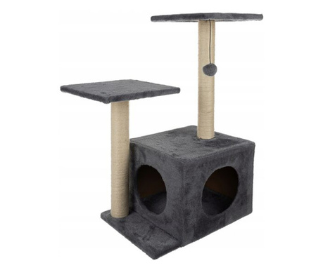 Ansamblu de joaca pentru pisici, Purlov, cu platforme si ciucure, gri si bej, 44x34x71 cm