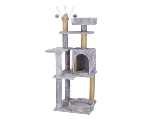 Ansamblu de joaca pentru pisici, Springos, cu platforme, ciucuri, culcus, gri si bej, 45x45x127 cm