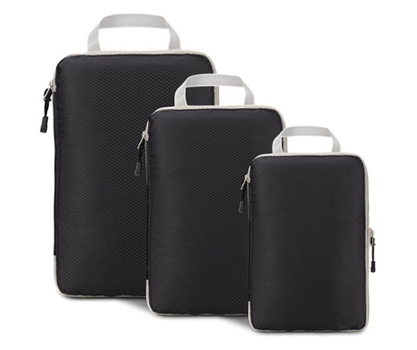Organizatoare bagaj, TECOS, negru, sistem compresie/extensie cu fermoar, impermeabile, perfecte pentru troller sau valiza, 3 buc