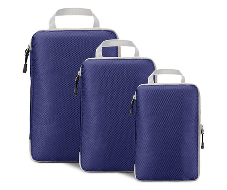 Organizatoare bagaj, TECOS, albastru, sistem compresie/extensie cu fermoar, impermeabile, perfecte pentru troller sau valiza, 3