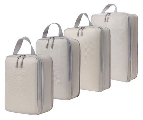 Organizatoare bagaj, TECOS, bej, sistem compresie/extensie cu fermoar, impermeabile, perfecte pentru troller sau valiza, 4 bucăț