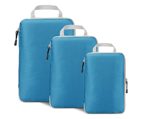 Organizatoare bagaj, TECOS, albastru deschis, sistem compresie/extensie cu fermoar, impermeabile, perfecte pentru troller sau va
