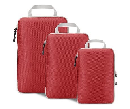 Organizatoare bagaj, TECOS, roșu, sistem compresie/extensie cu fermoar, impermeabile, perfecte pentru troller sau valiza, 3 bucă