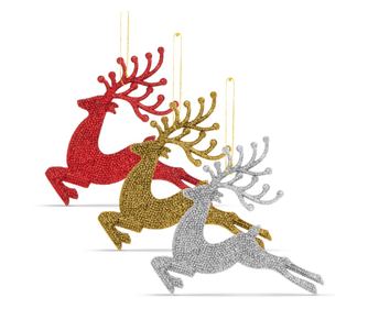 Decor de brad- ren cu sclipici - 12 cm - rosu / auriu / argintiu - 4 piese / pachet