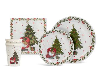 Set de masa, cu motive de Craciun - 12 farfurii, 6 pahare, 20 servetele