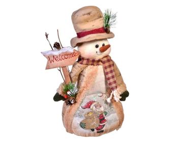 Decoratiune tema sarbatori de iarna, figurina Om de zapada cu palarie impodobita, fular, manusi si haina lunga cu blanita, cu me