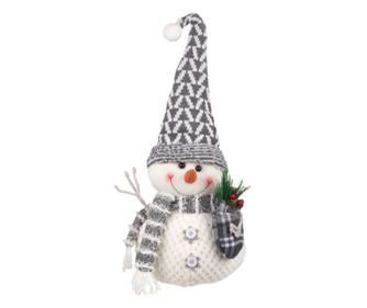 Decoratiune tema sarbatori de iarna, figurina Om de zapada cu fes si fular gri, 20x15x35 cm