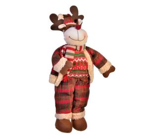 Decoratiune tema sarbatori de iarna, figurina Renul lui Mos Craciun, in picioare, cu pulover, pantaloni, fes, fular si jacheta,