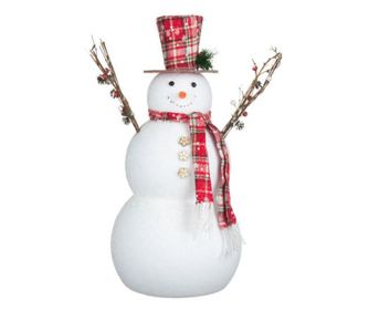 Decoratiune tema sarbatori de iarna, om de zapada cu sclipici, cu palarie decorata, fular rosu, nas portocaliu, 30 cm