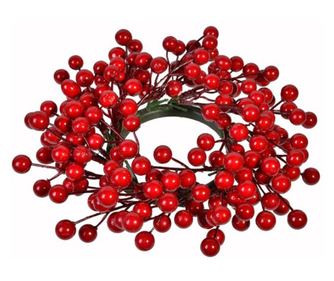 Decor de masa Craciun, coronita artificiala pentru lumanari, cu fructe de padure, diametru 21 cm, rosie