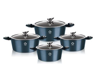 Set Cratita din Aluminiu 4 piese + 4 capace din sticla , cu inel din otel inoxidabil , placaj marmorat antiaderent pe interior,M