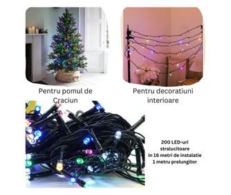 Instalatie de Craciun liniara, eMazing, 17 M, din care 1M cablu priza 220V, 200 LED, 8 jocuri de lumini, controler, fir negru, m