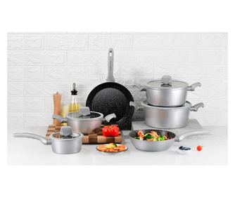 Комплект тенджери и тигани Royalty Line T010-Silver, 10 части, Мраморно покритие, Индукция, Сребрист