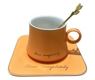 Set din Portelan Ceasca, Farfurie si Lingurita metalica, LOVE, 170 ml Orange