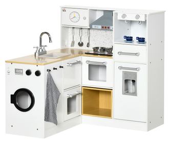 Bucatarie pentru copii din 2 bucati pentru copii 3-6 ani cu ustensile de bucatarie, culoare alb si lemn