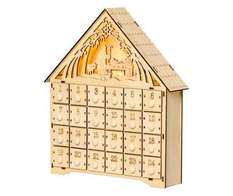 Calendar de Advent din Lemn 24 Sertare Nasterea Domnului Sculptata si Luminite
