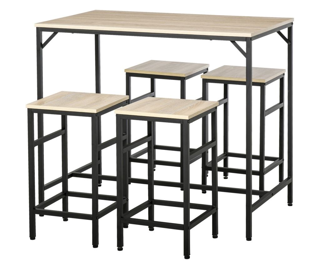 Industrial Style High Table with 4 Stools, Metal and Wood, Modern Furniture for Living Room and Kitchen, Light Oak