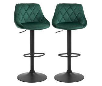 Комплект от 2 регулируеми въртящи се бар стола с кадифена тапицерия, зелени