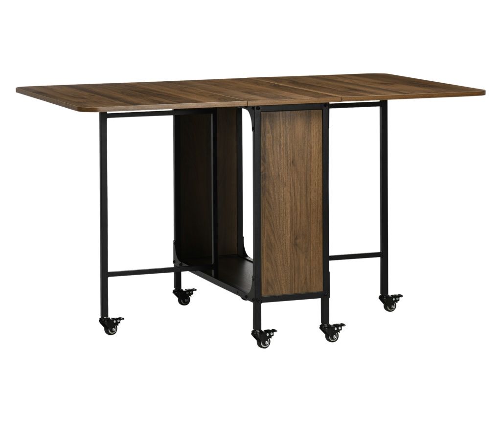 Foldable Kitchen and Living Room Table with 6 Wheels and Shelf, Industrial Style Folding Table in Wood and Metal, Light Brown